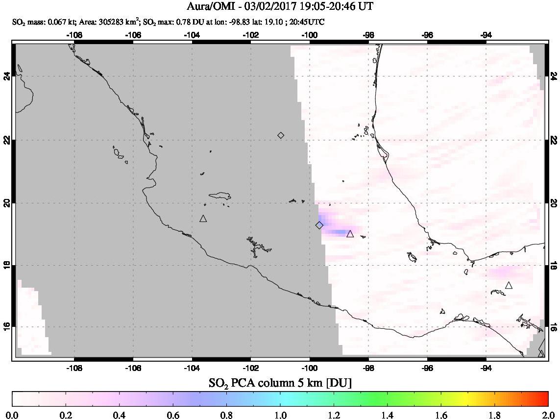 A sulfur dioxide image over Mexico on Mar 02, 2017.