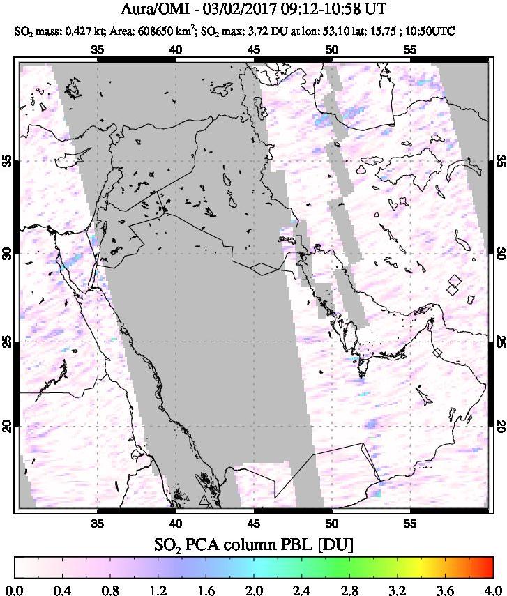 A sulfur dioxide image over Mideast on Mar 02, 2017.