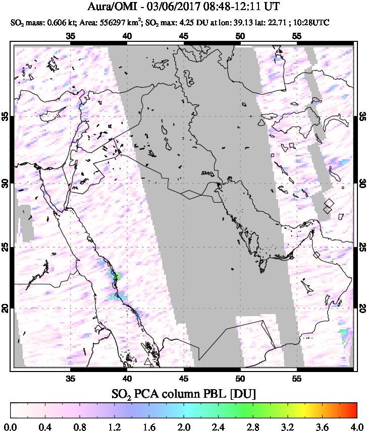 A sulfur dioxide image over Mideast on Mar 06, 2017.