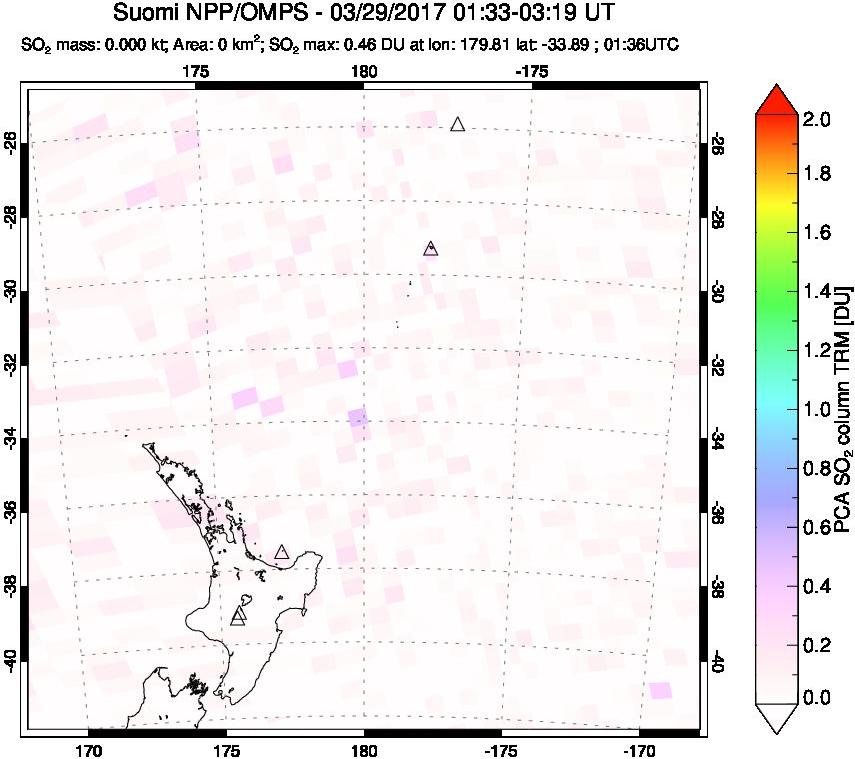A sulfur dioxide image over New Zealand on Mar 29, 2017.