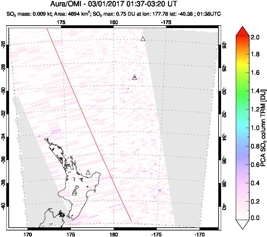 A sulfur dioxide image over New Zealand on Mar 01, 2017.
