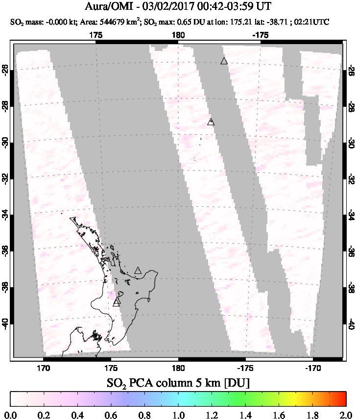 A sulfur dioxide image over New Zealand on Mar 02, 2017.