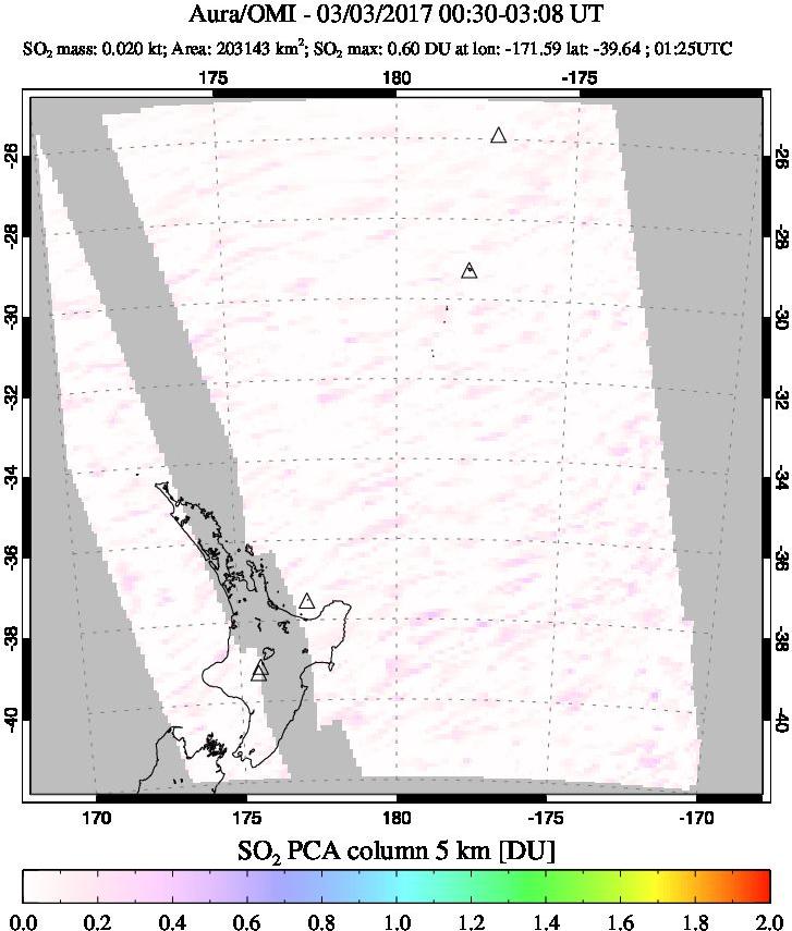 A sulfur dioxide image over New Zealand on Mar 03, 2017.