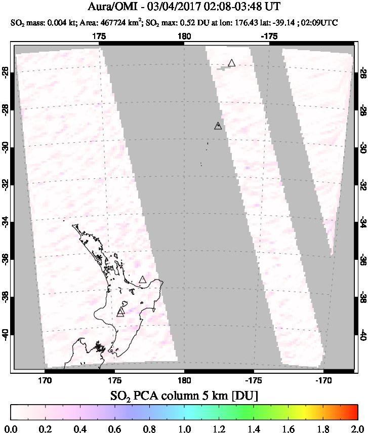 A sulfur dioxide image over New Zealand on Mar 04, 2017.
