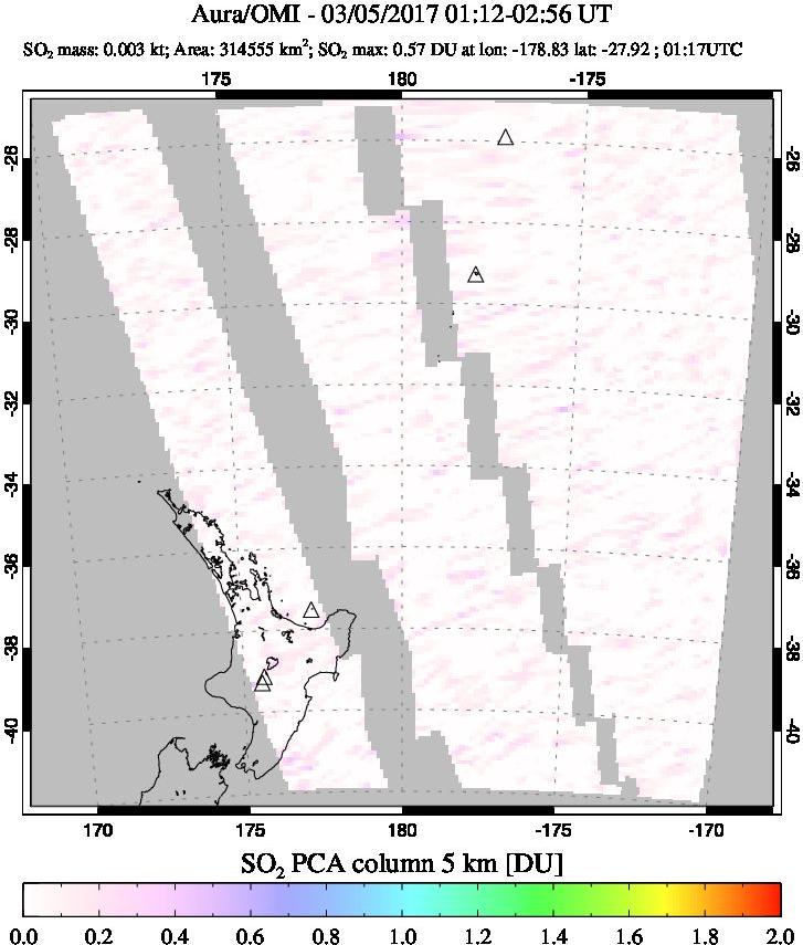 A sulfur dioxide image over New Zealand on Mar 05, 2017.