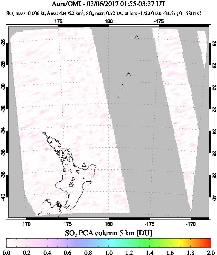 A sulfur dioxide image over New Zealand on Mar 06, 2017.