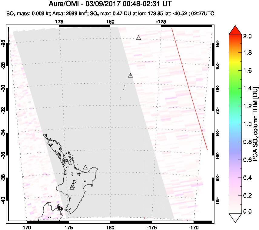 A sulfur dioxide image over New Zealand on Mar 09, 2017.