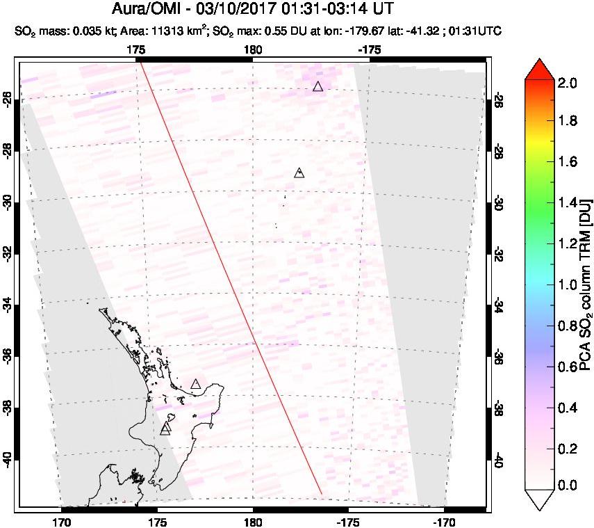 A sulfur dioxide image over New Zealand on Mar 10, 2017.