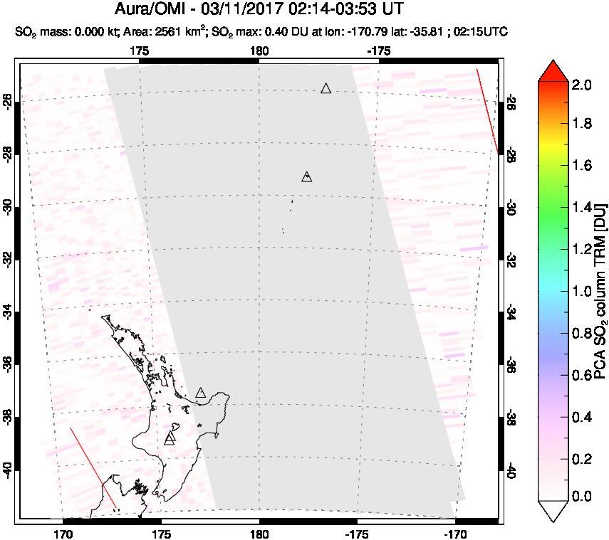 A sulfur dioxide image over New Zealand on Mar 11, 2017.