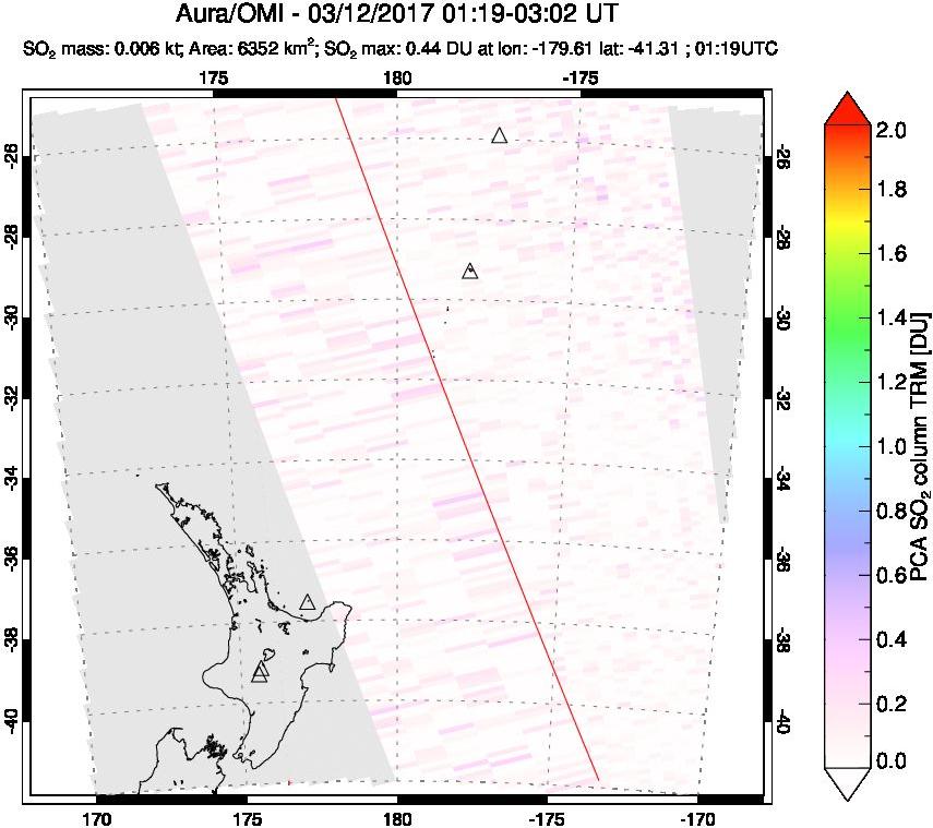 A sulfur dioxide image over New Zealand on Mar 12, 2017.