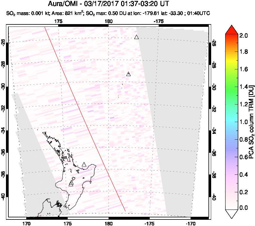 A sulfur dioxide image over New Zealand on Mar 17, 2017.