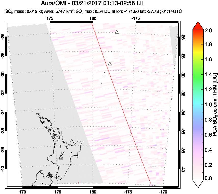 A sulfur dioxide image over New Zealand on Mar 21, 2017.