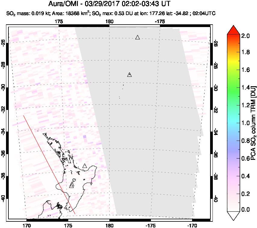 A sulfur dioxide image over New Zealand on Mar 29, 2017.