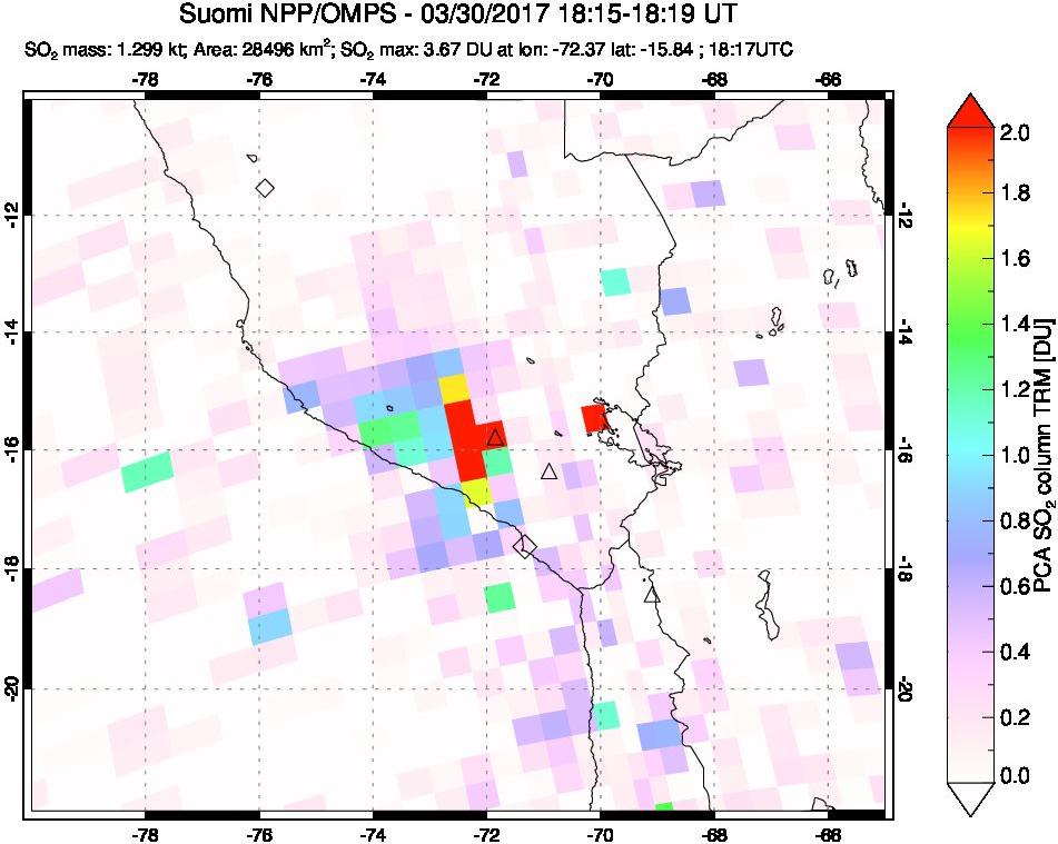 A sulfur dioxide image over Peru on Mar 30, 2017.