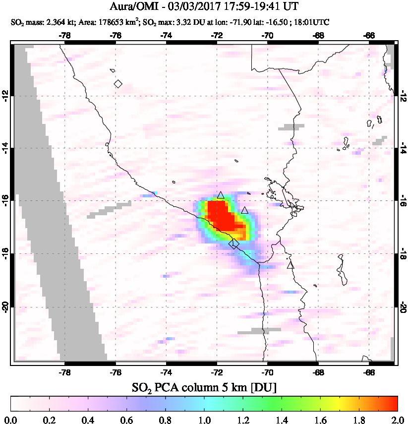 A sulfur dioxide image over Peru on Mar 03, 2017.