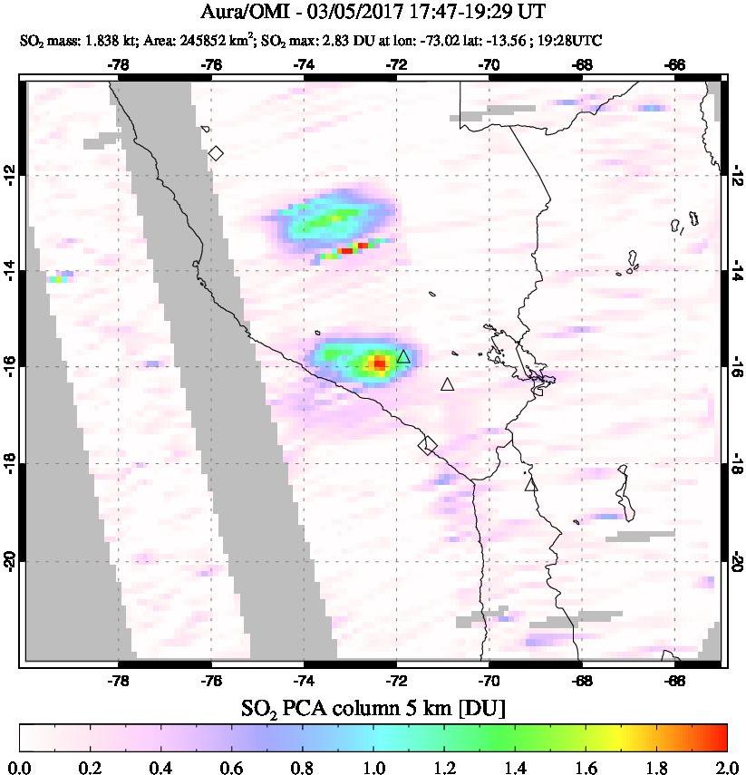 A sulfur dioxide image over Peru on Mar 05, 2017.