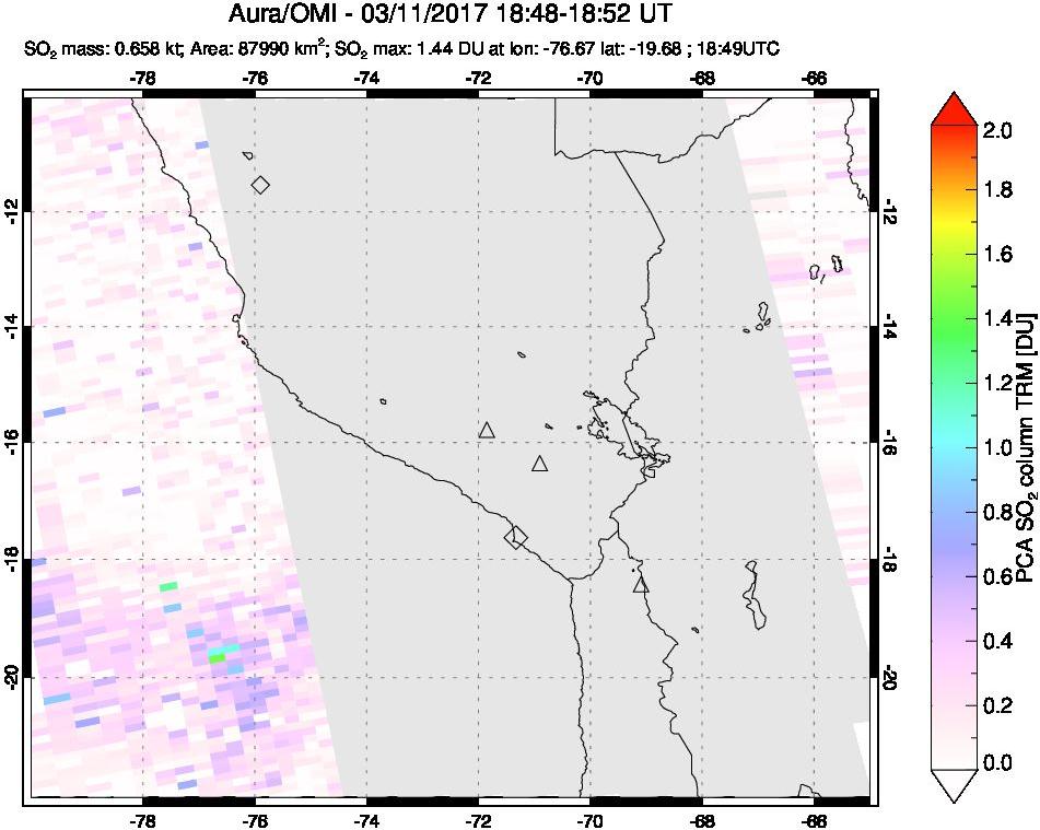 A sulfur dioxide image over Peru on Mar 11, 2017.