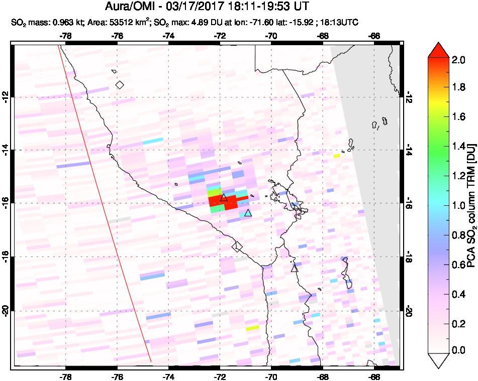 A sulfur dioxide image over Peru on Mar 17, 2017.