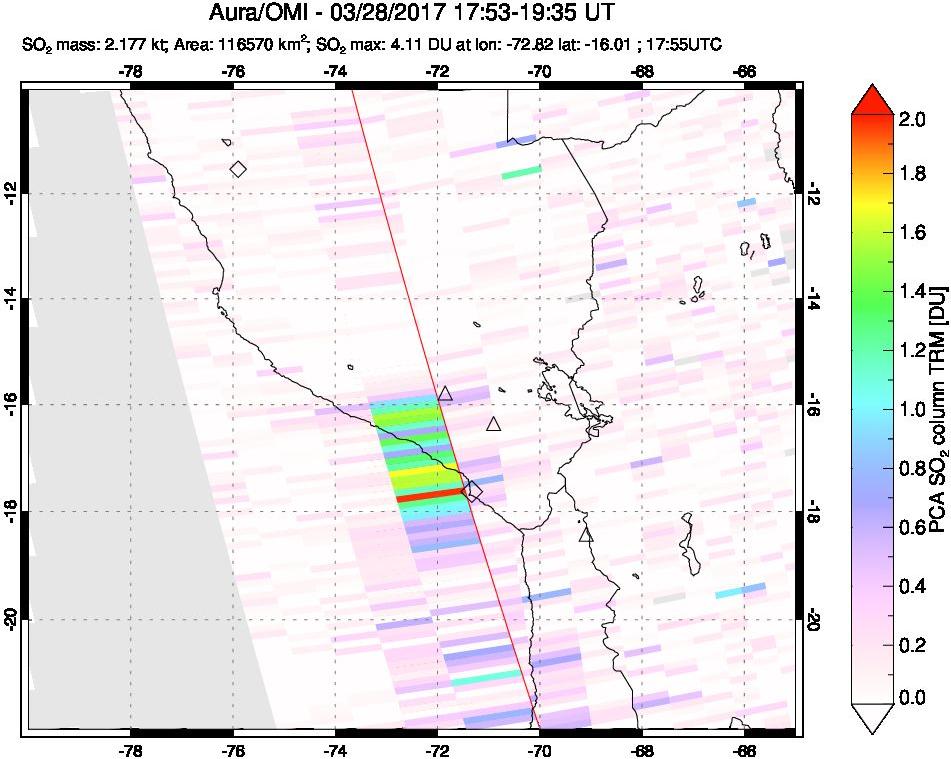 A sulfur dioxide image over Peru on Mar 28, 2017.