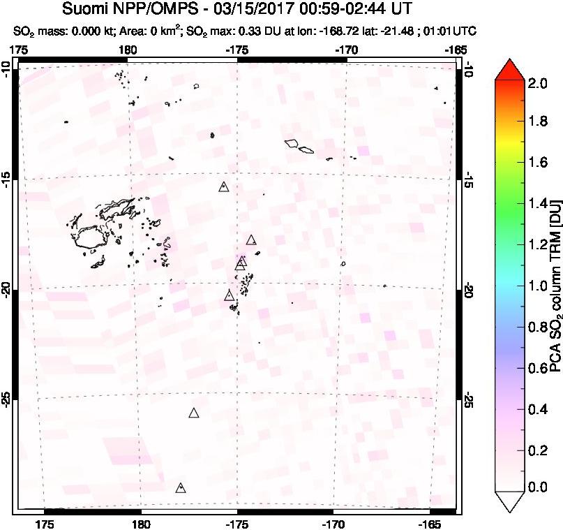 A sulfur dioxide image over Tonga, South Pacific on Mar 15, 2017.