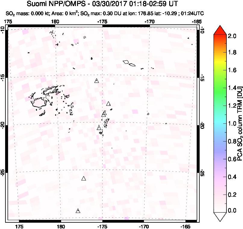 A sulfur dioxide image over Tonga, South Pacific on Mar 30, 2017.