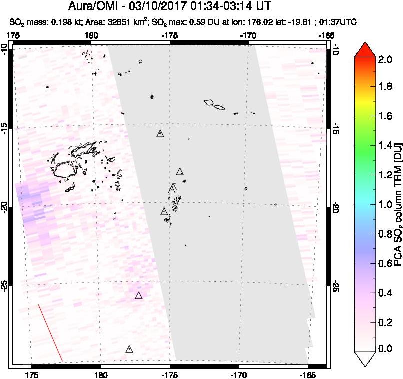 A sulfur dioxide image over Tonga, South Pacific on Mar 10, 2017.
