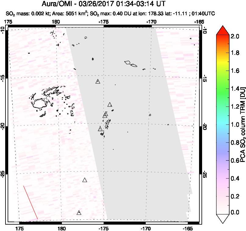 A sulfur dioxide image over Tonga, South Pacific on Mar 26, 2017.