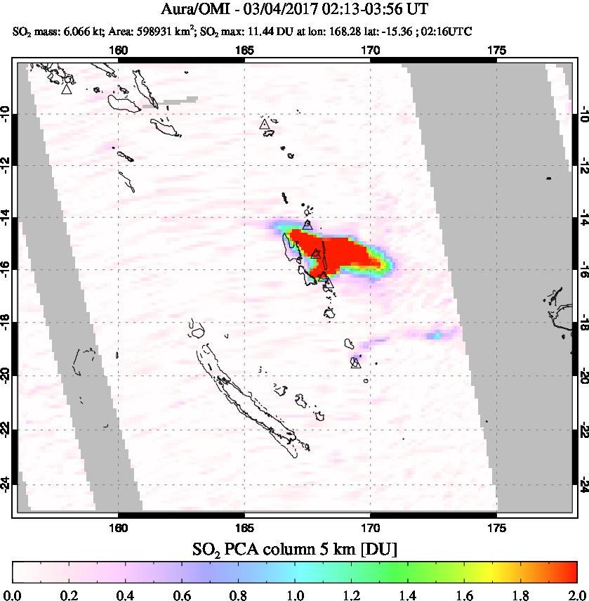 A sulfur dioxide image over Vanuatu, South Pacific on Mar 04, 2017.