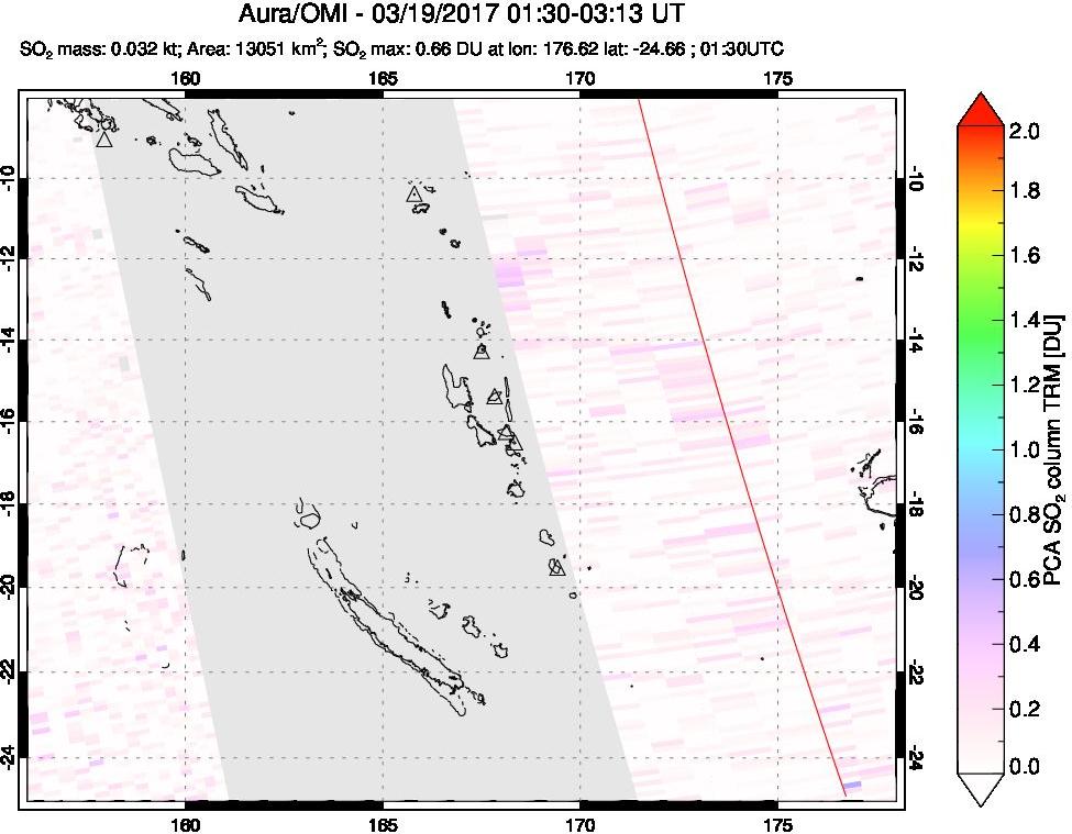 A sulfur dioxide image over Vanuatu, South Pacific on Mar 19, 2017.