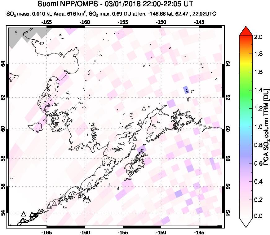 A sulfur dioxide image over Alaska, USA on Mar 01, 2018.