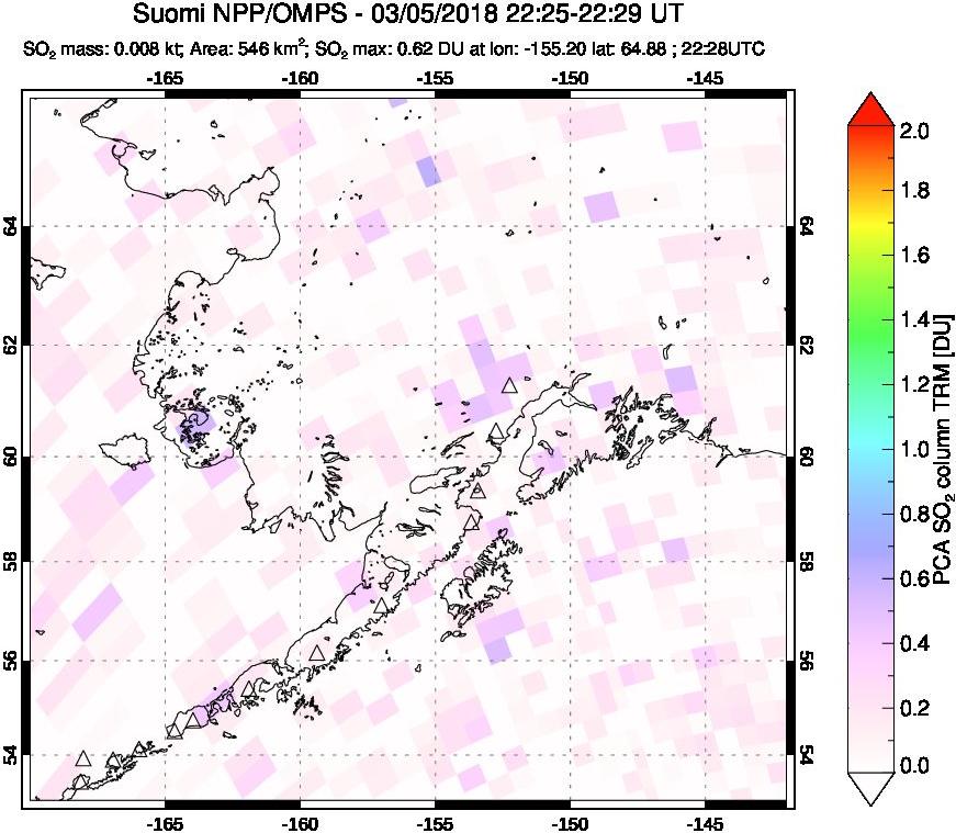 A sulfur dioxide image over Alaska, USA on Mar 05, 2018.