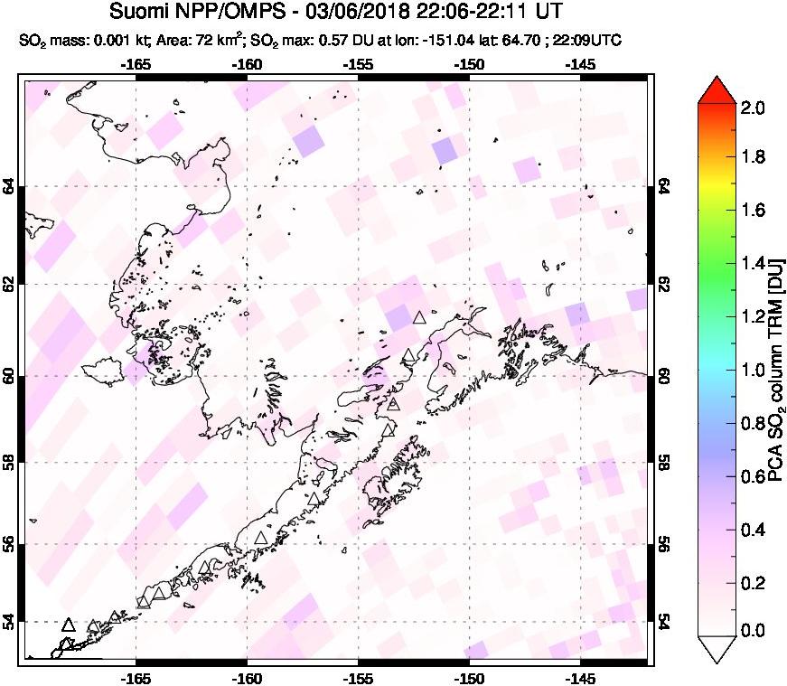 A sulfur dioxide image over Alaska, USA on Mar 06, 2018.