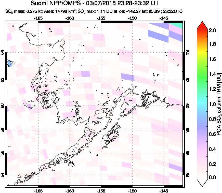 A sulfur dioxide image over Alaska, USA on Mar 07, 2018.