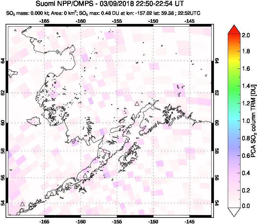 A sulfur dioxide image over Alaska, USA on Mar 09, 2018.