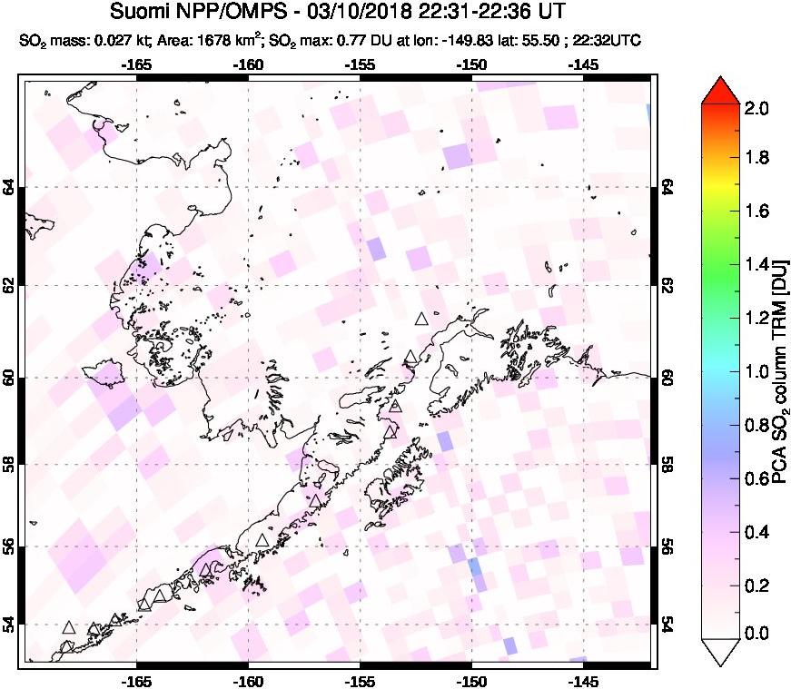 A sulfur dioxide image over Alaska, USA on Mar 10, 2018.