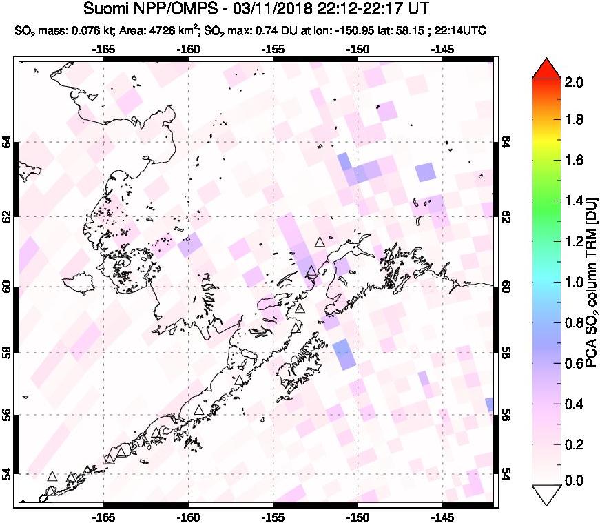 A sulfur dioxide image over Alaska, USA on Mar 11, 2018.