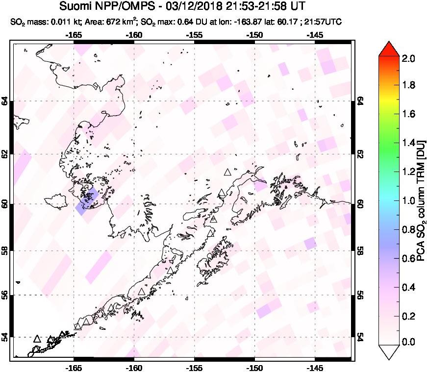 A sulfur dioxide image over Alaska, USA on Mar 12, 2018.