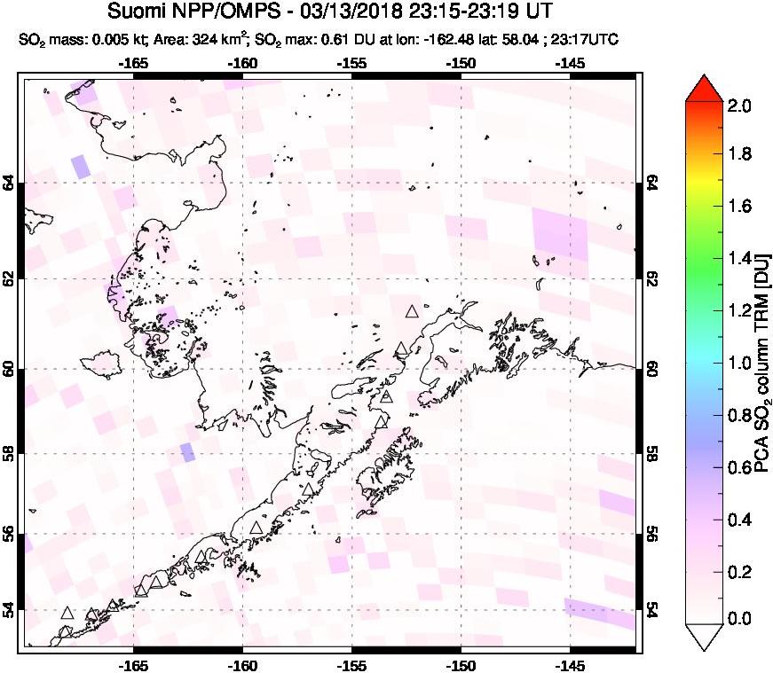 A sulfur dioxide image over Alaska, USA on Mar 13, 2018.