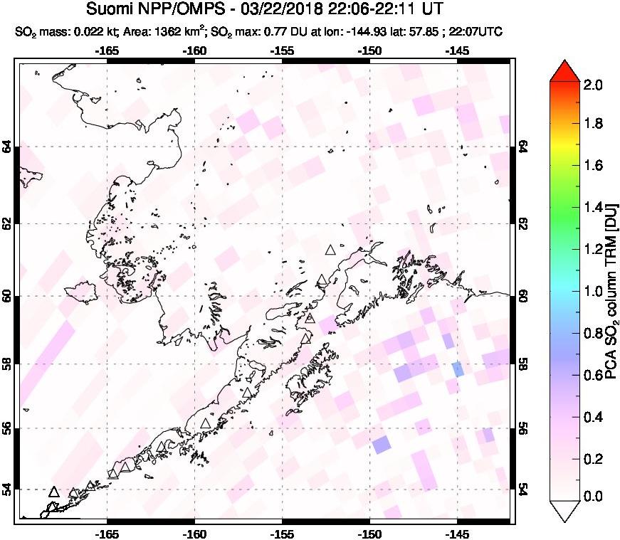 A sulfur dioxide image over Alaska, USA on Mar 22, 2018.