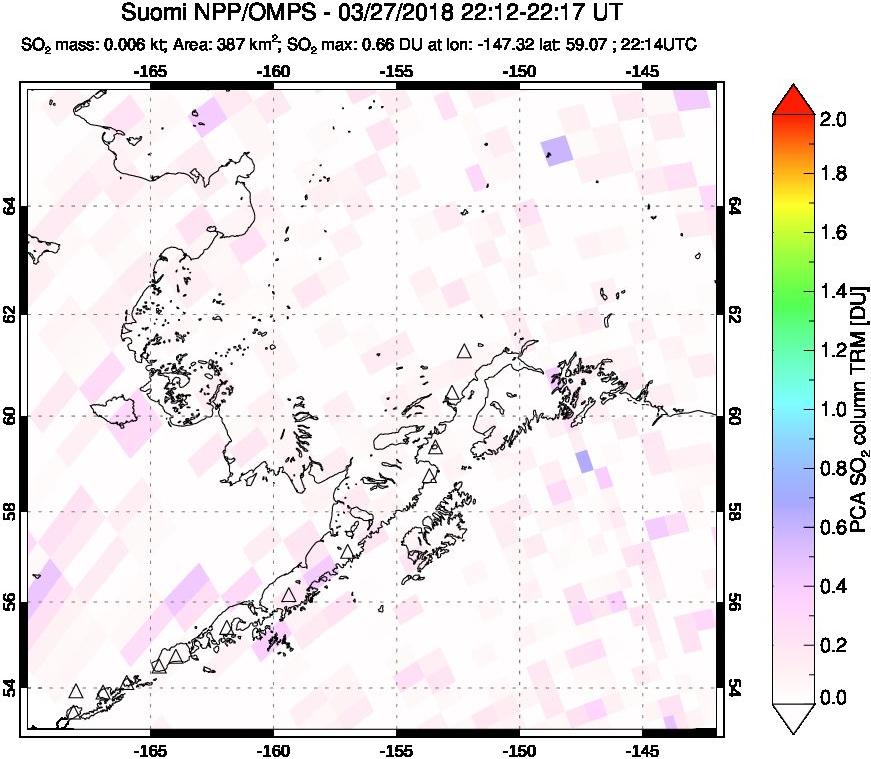 A sulfur dioxide image over Alaska, USA on Mar 27, 2018.