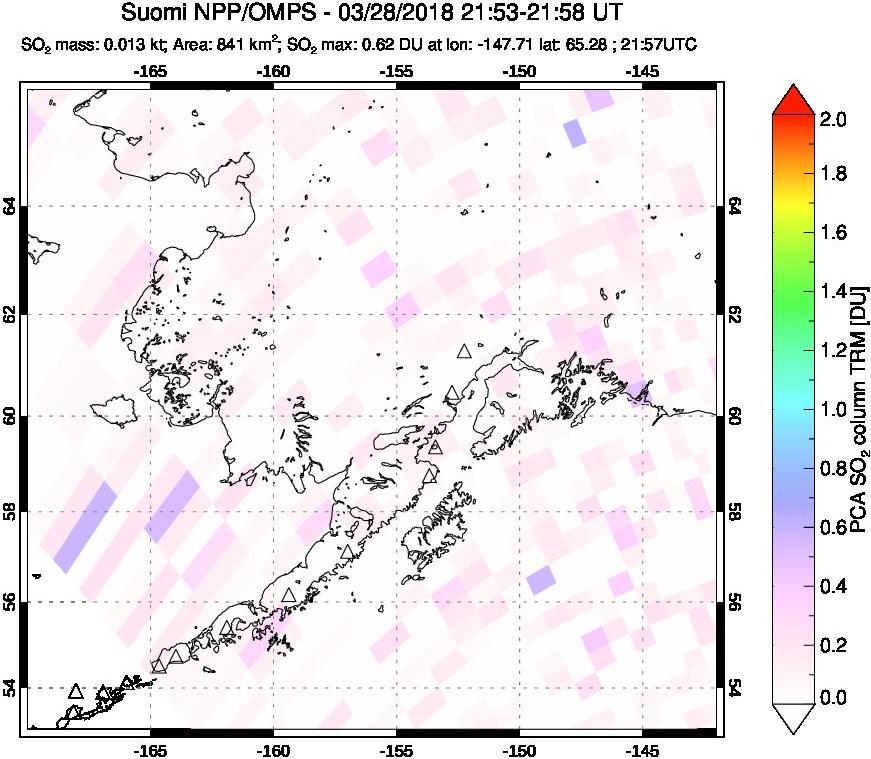 A sulfur dioxide image over Alaska, USA on Mar 28, 2018.