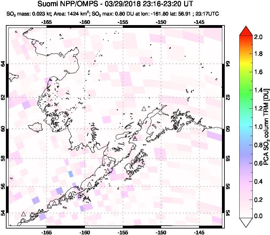 A sulfur dioxide image over Alaska, USA on Mar 29, 2018.
