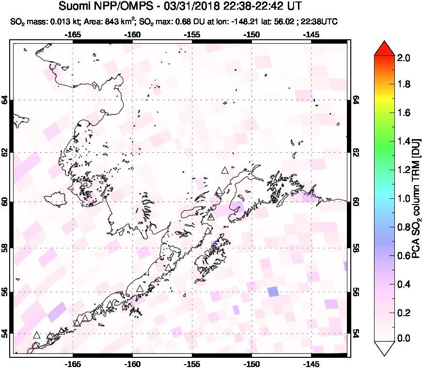 A sulfur dioxide image over Alaska, USA on Mar 31, 2018.