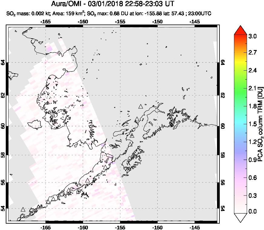 A sulfur dioxide image over Alaska, USA on Mar 01, 2018.