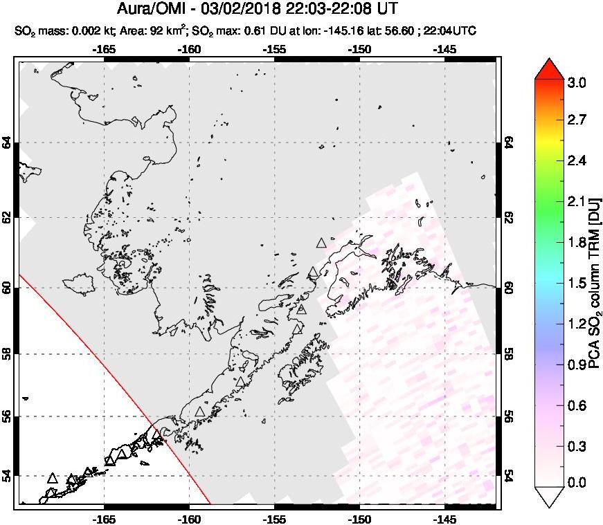 A sulfur dioxide image over Alaska, USA on Mar 02, 2018.