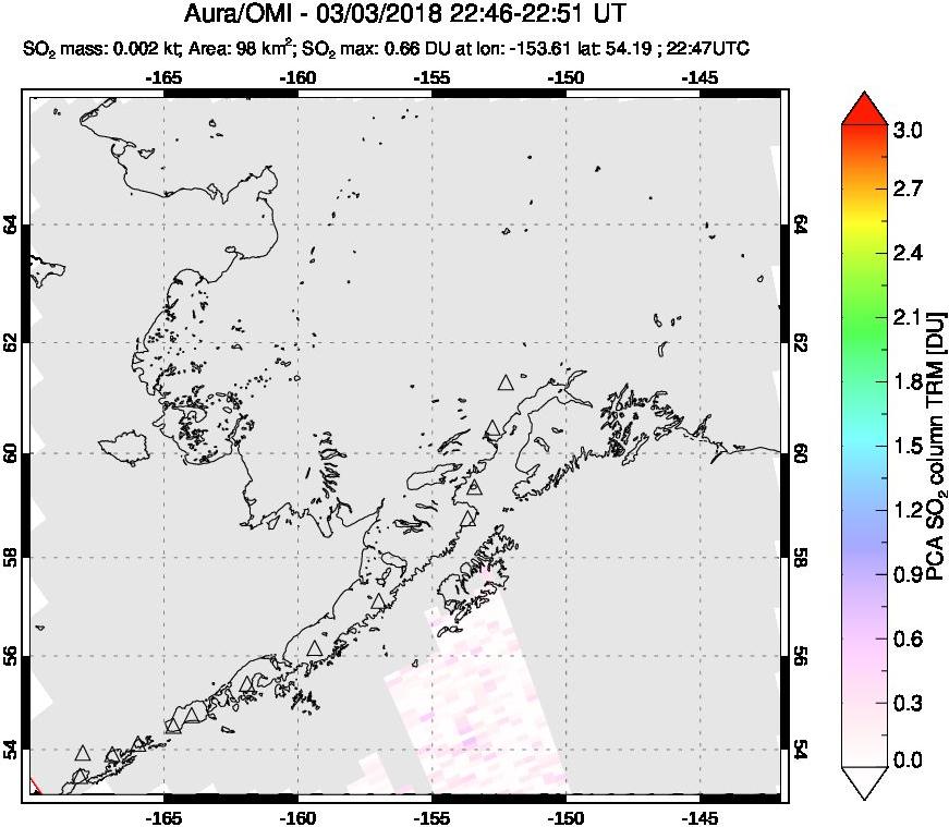 A sulfur dioxide image over Alaska, USA on Mar 03, 2018.