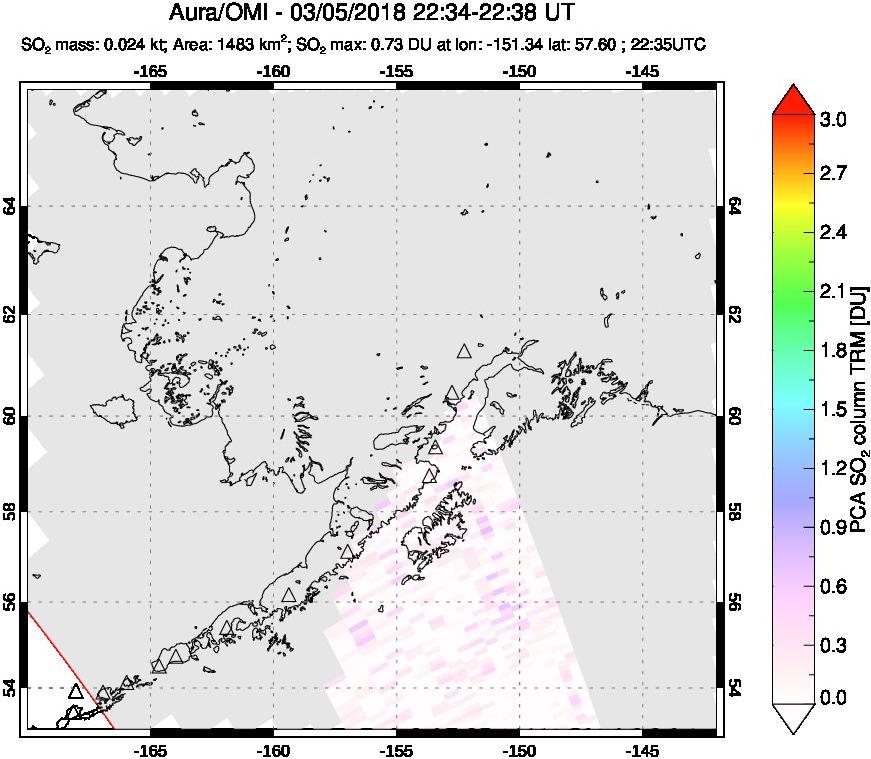 A sulfur dioxide image over Alaska, USA on Mar 05, 2018.
