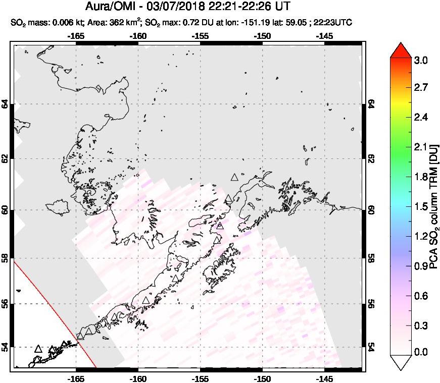 A sulfur dioxide image over Alaska, USA on Mar 07, 2018.