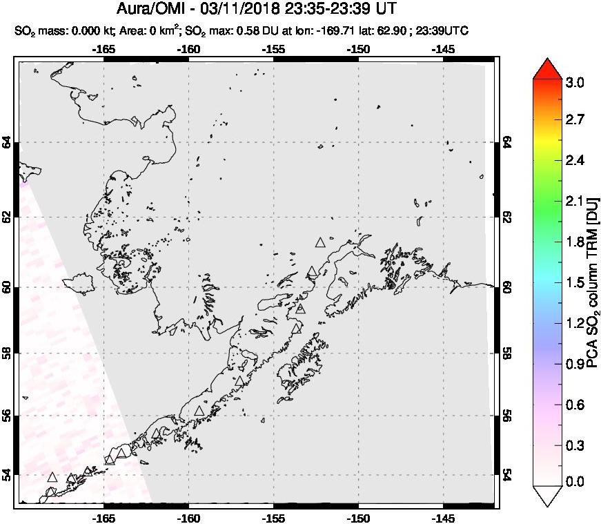 A sulfur dioxide image over Alaska, USA on Mar 11, 2018.