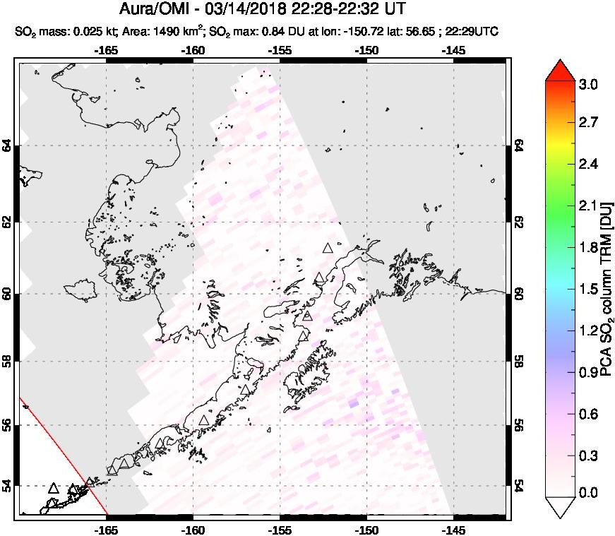 A sulfur dioxide image over Alaska, USA on Mar 14, 2018.